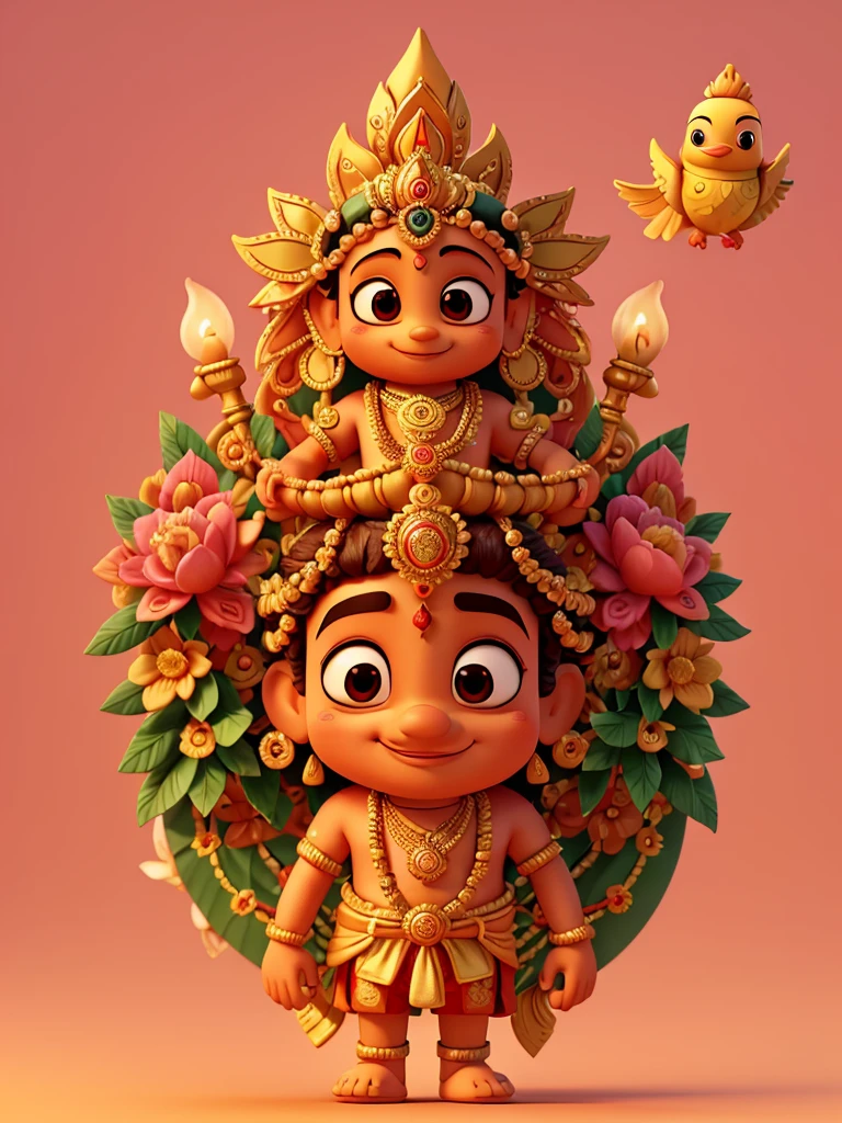 Cute 3D image of Lord Jagannath Ji in which Lord Jagannath is holding a Murali in his hand and is wearing golden colored clothes. Blur flowers in light pink background and Bird in the sky.