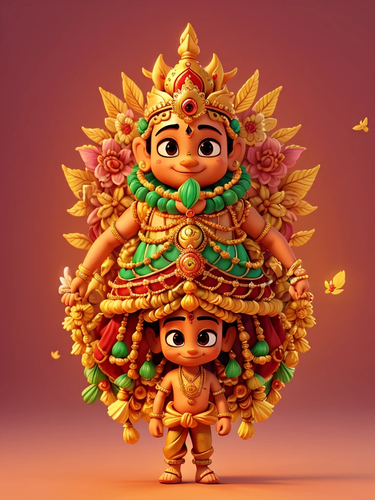 Cute 3D image of Lord Jagannath Ji in which Lord Jagannath is holding a Murali in his hand and is wearing golden colored clothes. Blur flowers in light pink background and Bird in the sky.