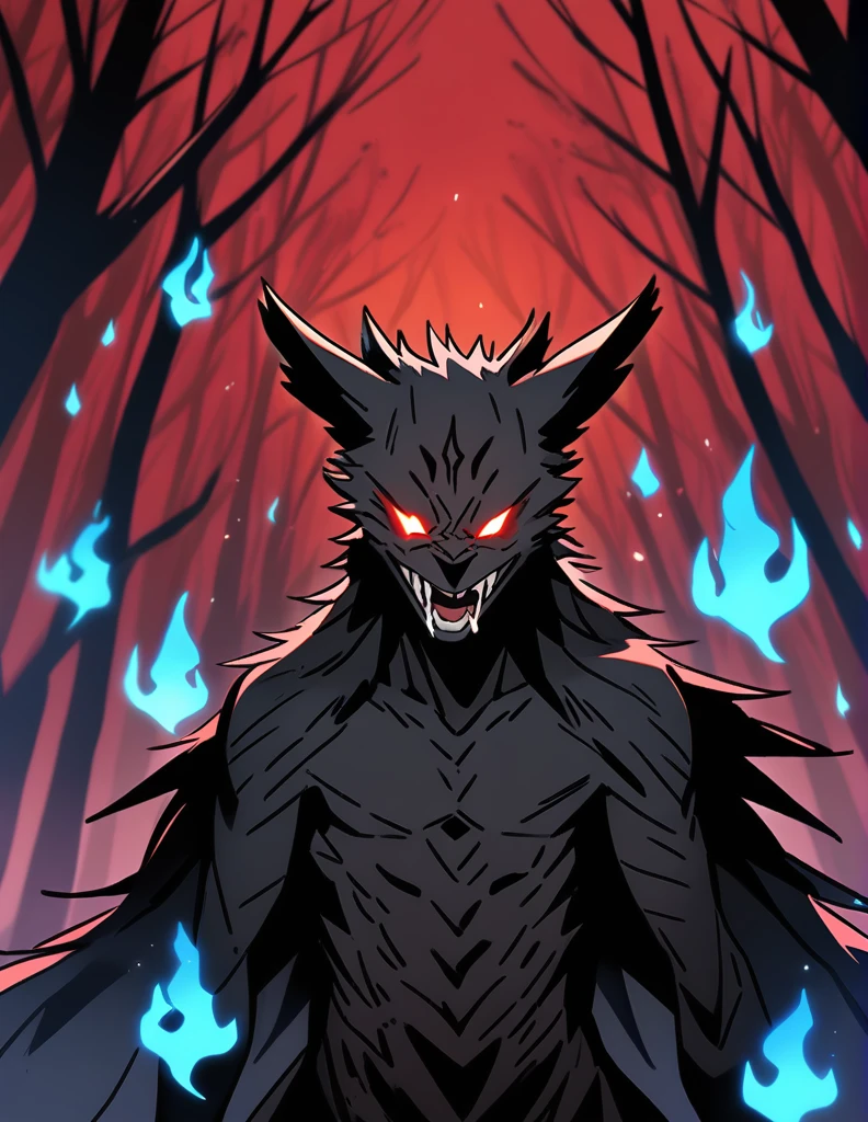 two angry and salivating black wolves coming out of a blue fire, with a red forest of dead trees in the background