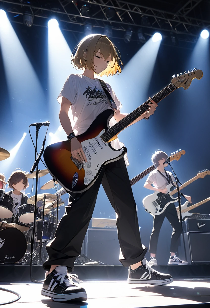 Kyoto Animation、6 stringens、Band member、Short Bob、Electric guitar、Fender Stratocaster、Big Stage、front、sneakers、The face is not clearly visible due to backlighting。Black Pants