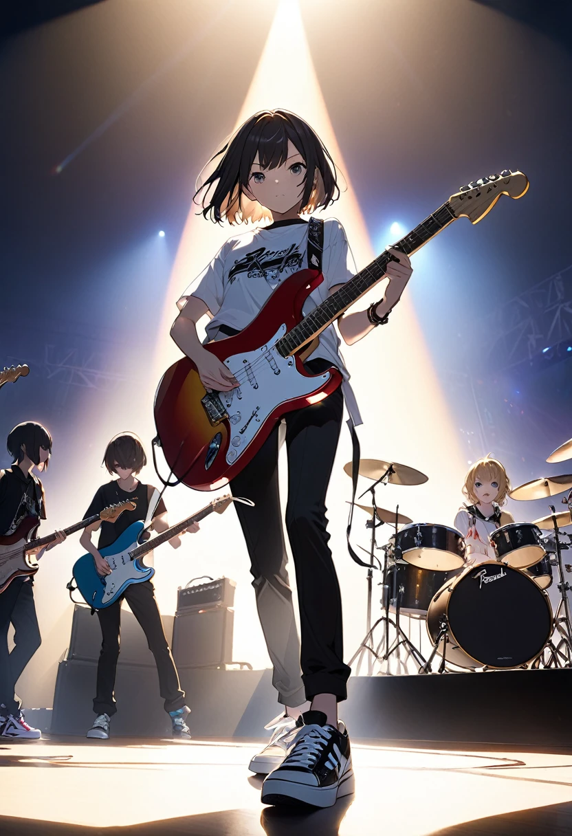 Kyoto Animation、6 stringens、Band member、Short Bob、Electric guitar、Fender Stratocaster、Big Stage、front、sneakers、The face is not clearly visible due to backlighting。Black Pants