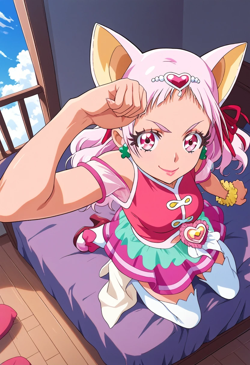 score_9, score_8_up, score_7_up, cure yell,  sitting on bed,cowboy shot,in luxury bed room.serious smile,rouge lips ,flying,fist,sky,from above,