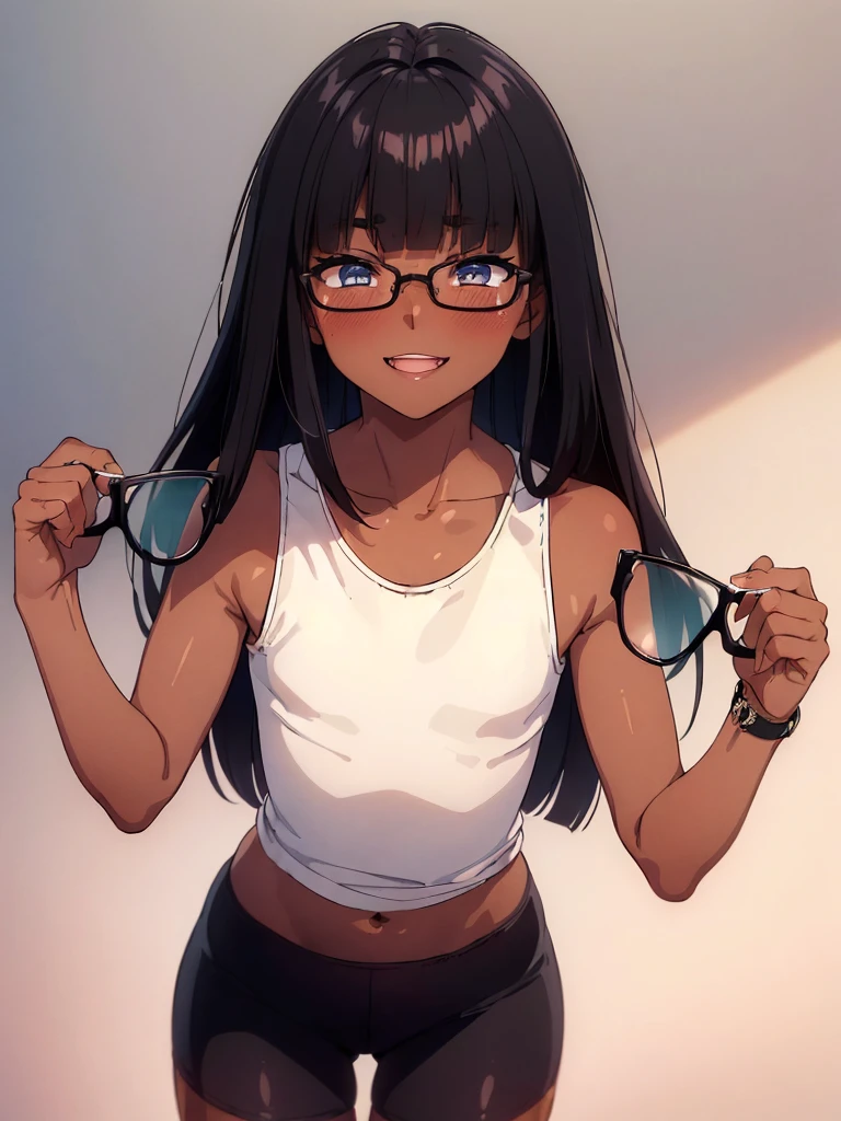 (1 femboy:1.5),(dark skin:1.5),(masterpiece:1.2), highest quality, High resolution, unity 8k wallpaper, (fine and beautiful eyes:1.6), highly detailed face, perfect lighting, Detailed CG, (perfect hands, perfect anatomy),20 years old, (black hair:1.3), detailed eyes, best quality, extremely detailed, very precise detailed, (glasses:1.4), , (straight hair:1.5), (evil smile:1.3) ,long sidelocks, (blush:1.3),(very short pixie cht:1.4),(blunt bangs:1.4), (greaming skin:1.3),(flat chest),(tank top:1.5),(open mouth),(bike shorts),(leaning_forward), 