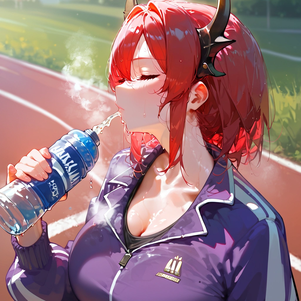 score_9, score_8_up, score_7_up, score_6_up,floox style,surtr, arknights, red hair,big breasts,,collarbone, jacket,purple jacket, purple track suit, sportswear, standing, steam, steaming body, sweat,, track jacket, track pants, track suit, outdoors, pours water on face, water bottle, solo,closed eyes, head up, spilling,