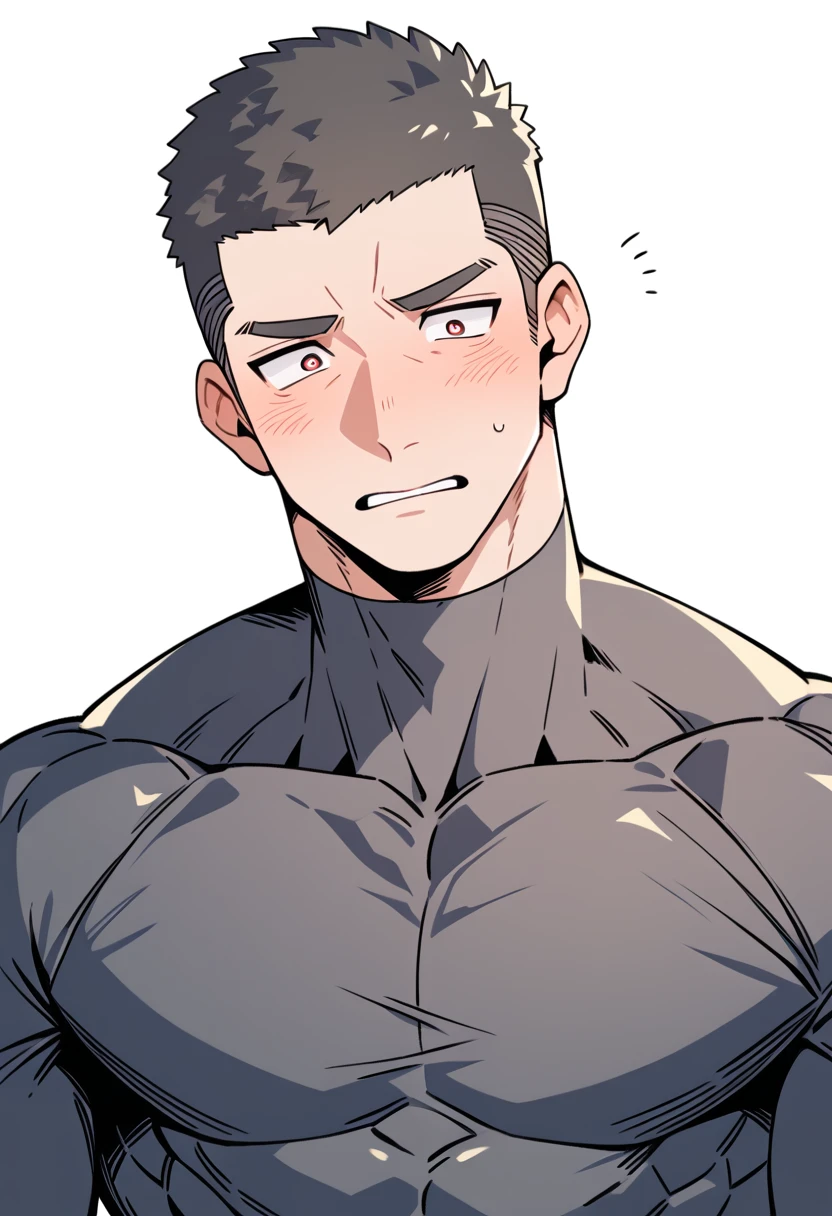 anime characters：Priapus, Muscle Sports Student, Buzz Cut, Manliness, male focus, Light Grey high collar long sleeve tight T-shirt, Very tight, Fitness tights, full and perky chest muscles, muscular male, muscular, only, Upper body, alone, Black short hair, Thick eyebrows, stubble, Brown-red pupils, White background, simple background, amazing quality, best aesthetics, Ridiculous, crew cut, parted lips, flustered, endured face, blush, negative space, best quality