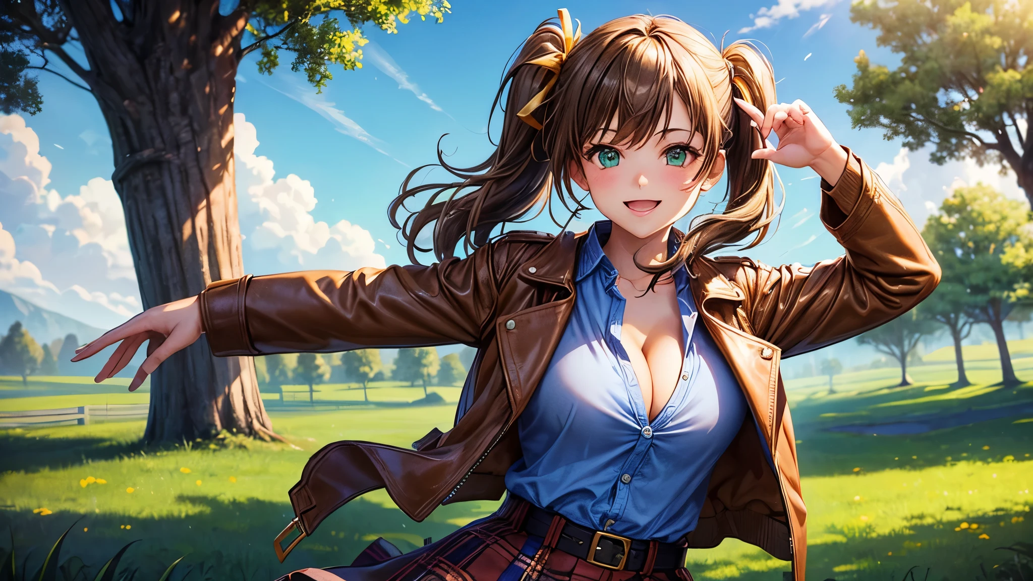 1girl, solo, village, trees, sun, clouds, ((colorful hair)), side ponytail, large breasts, ((brown leather jacket)), button down shirt, ((blue checked shirt)), ((unbuttoned shirt)), unbuttoning buttons, cleavage 1:3 green eyes, long skirt, brown boots, smile, happy, looking at the viewer, standing, hair ribbon, golden necklate
