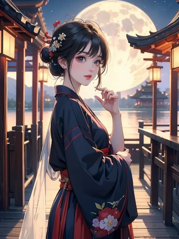 (Highest quality、masterpiece、High resolution、8K)、Vibrant colors、Japanese Festivals、Digital Art、City of night、Midsummer evening、A beautiful full moon in the distance、Beautiful yukata、