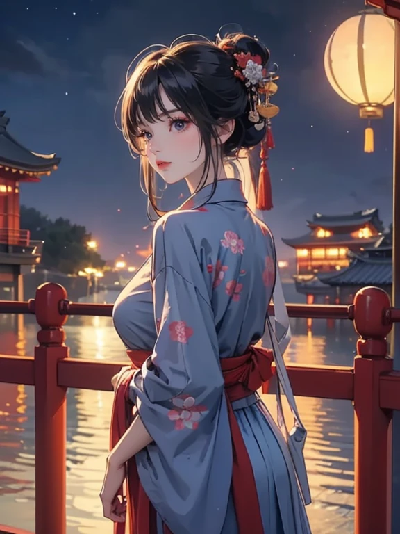 (Highest quality、masterpiece、High resolution、8K)、Vibrant colors、Japanese Festivals、Digital Art、City of night、Midsummer evening、A beautiful full moon in the distance、Beautiful yukata、