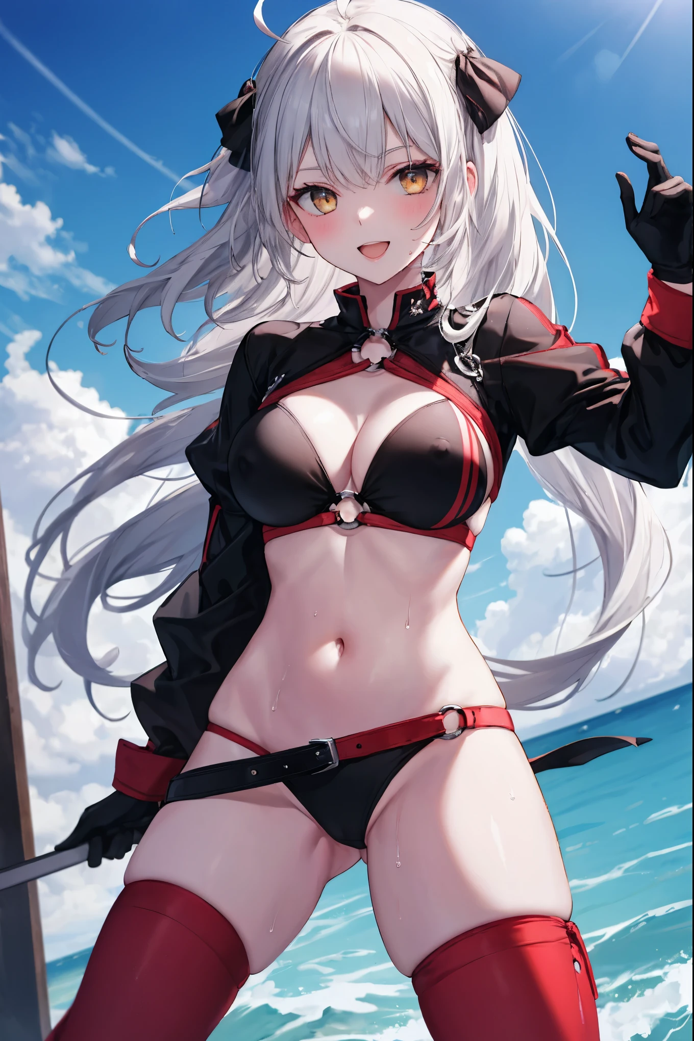 masterpiece, best quality, 1girl, , silver hair, ahoge, gold_eyes, shaggy_long_hair,,large_tits, , blue sky,covered_groin,covered_nipples,solo,young_teen,,open_legs,knee_boots,crotch_armor,cowboy_shot,crotch, asymmetrical legwear, long hair, bikini, black bikini, black gloves, gloves, long sleeves, navel, o-ring, o-ring bikini, o-ring bottom, o-ring top, puffy long sleeves, puffy sleeves, red legwear, single thighhigh, swimsuit, thigh strap, thighhighs, uneven legwear,smile,nihil,open_mouth,angry,oil,wet,sweat,grhn,(angry:0.7)