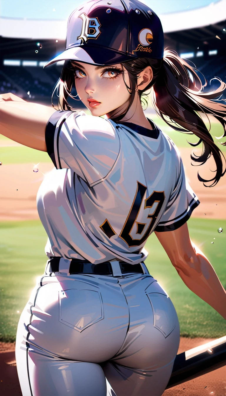 a sexy woman baseball player, beautiful detailed eyes, beautiful detailed lips, extremely detailed eyes and face, long eyelashes, athletic body, wearing a baseball uniform, baseball cap, bat, playing baseball on a baseball field, cinematic lighting, dramatic angle, highly detailed, 8k, photorealistic, masterpiece