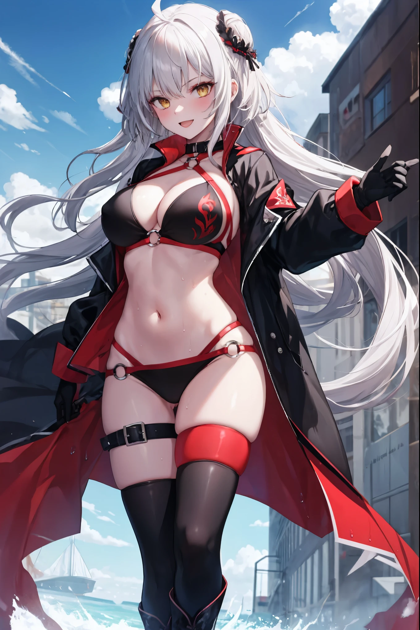 masterpiece, best quality, 1girl, , silver hair, ahoge, gold_eyes, shaggy_long_hair,,large_tits, , blue sky,covered_groin,covered_nipples,solo,young_,,open_legs,knee_boots,crotch_armor,cowboy_shot,crotch, asymmetrical legwear, long hair, bikini, black bikini, black gloves, gloves, long sleeves, navel, o-ring, o-ring bikini, o-ring bottom, o-ring top, puffy long sleeves, puffy sleeves, red legwear, single thighhigh, swimsuit, thigh strap, thighhighs, uneven legwear,smile,nihil,open_mouth,angry,oil,wet,sweat,grhn,(angry:0.7)