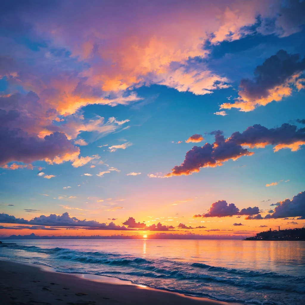 A breathtaking sunset over a serene beach, with vibrant hues of orange, pink, and purple blending in the sky, reflecting off the calm ocean waters. Silhouetted palm trees frame the scene, and gentle waves lap at the shore, creating a tranquil and picturesque setting. Capture the scene with a wide-angle lens to showcase the expansive beauty of the sunset, using a high dynamic range (HDR) to enhance the colors and details. The overall mood should be peaceful and inspiring, perfect for evoking wanderlust and relaxation."