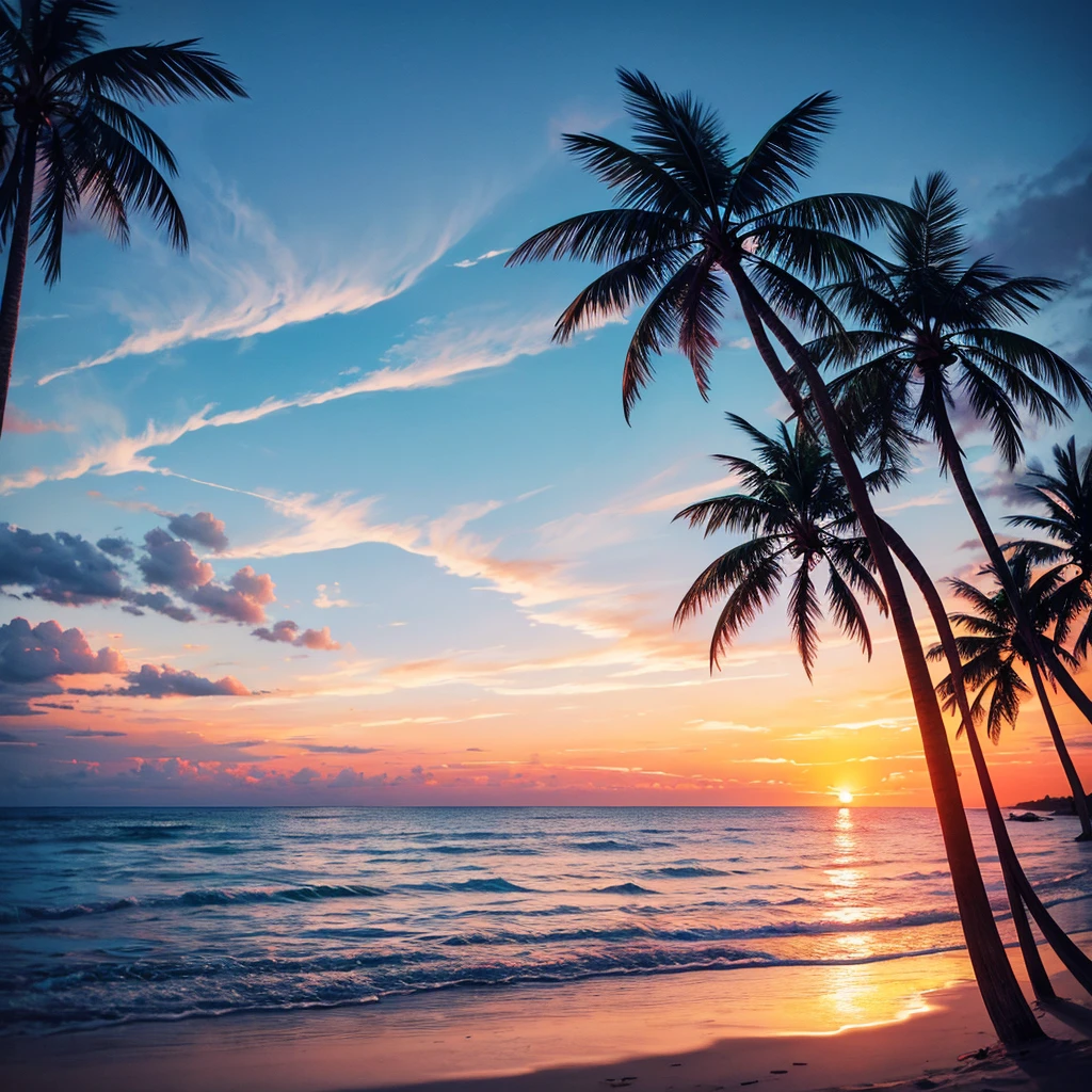 A breathtaking sunset over a serene beach, with vibrant hues of orange, pink, and purple blending in the sky, reflecting off the calm ocean waters. Silhouetted palm trees frame the scene, and gentle waves lap at the shore, creating a tranquil and picturesque setting. Capture the scene with a wide-angle lens to showcase the expansive beauty of the sunset, using a high dynamic range (HDR) to enhance the colors and details. The overall mood should be peaceful and inspiring, perfect for evoking wanderlust and relaxation."