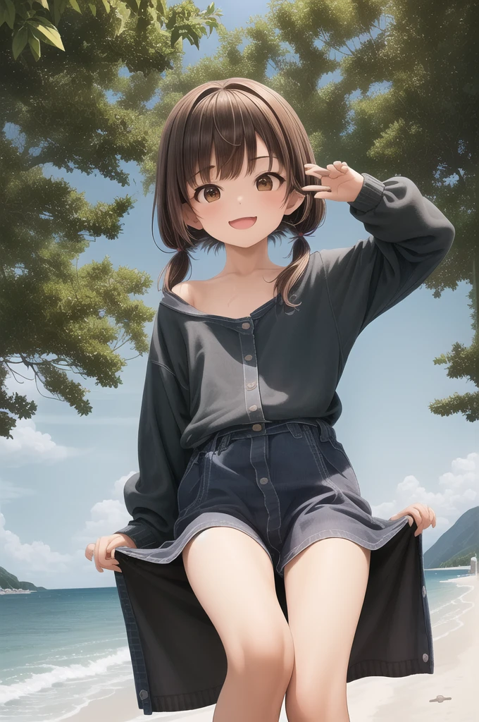 10 years old,Girl,,Flat Chest,naked,Full nudity,Highest quality、High resolution、Detailed Background、Beautiful face in every detail、Teenage Beauty、Cute hair colour、Brown Hair、Black Hair、Bobcut、Twin tails、Big smile、boost mood、 Summer sun、Shining Sea,Angle from below、Leg spread、Embarrassing