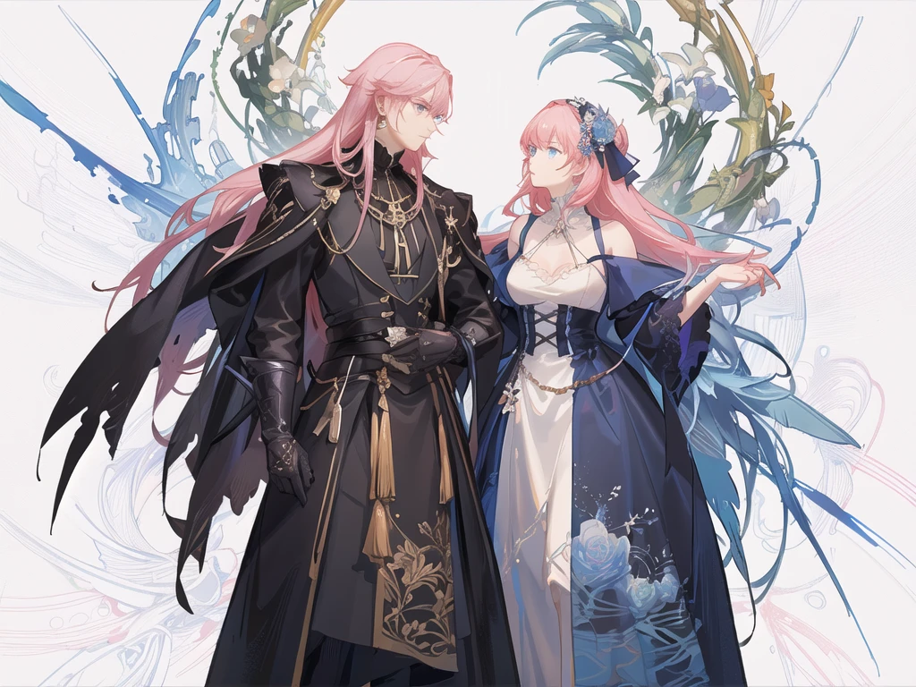(Golden Ratio:1.2),(elegant anime male character:1.4),(male:1.6),(pink hair:1.2),(blue eyes:1.3),(Victorian-style outfit:1.2),[(white background:1.4)::10],(intricate floral patterns:1.3),(holding a pendant:1.2),(somber expression:1.3),(abstract, floating pieces in background:1.3),(dramatic atmosphere:1.3),(ethereal:1.3),(high detail:1.2),(vibrant colors:1.3),(fantasy aesthetic:1.4), (black and red outfit:1.3),(floral designs:1.2),(delicate jewelry:1.2),(mysterious vibe:1.3),(romantic:1.3),(dark elegance:1.4),(anime style:1.4),(character focus:1.3)
