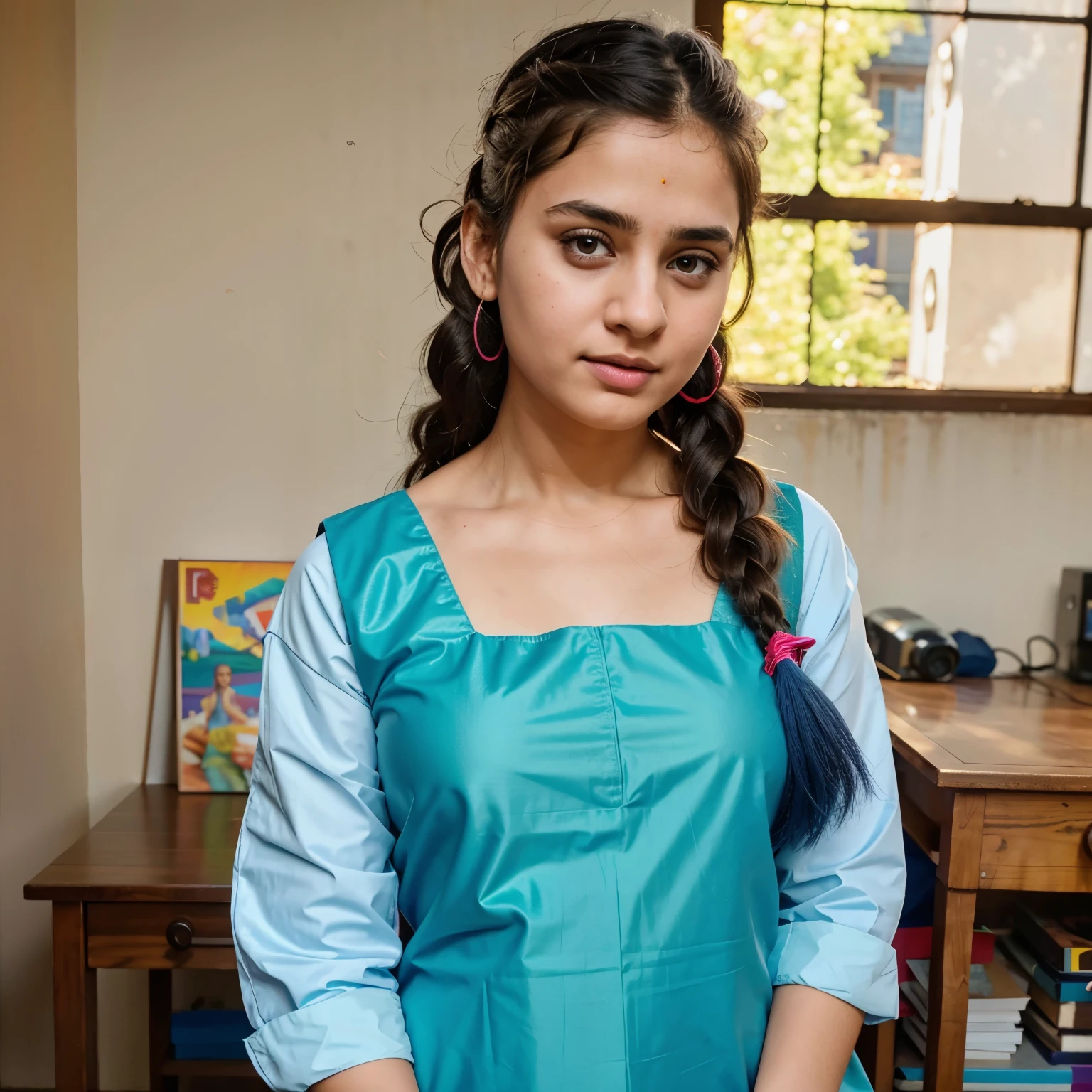Raw photo , 1 girl ,Wearing salwar kameez uniform,19 yo old school girl, with plait with hair ribbon , professional photographer, (hdr:1.4), masterpiece, ultra-realistic 8k, perfect artwork, intricate details, cute face, award winning photograph, (Best quality, 8k, 32k, Masterpiece, UHD:1.3) ,