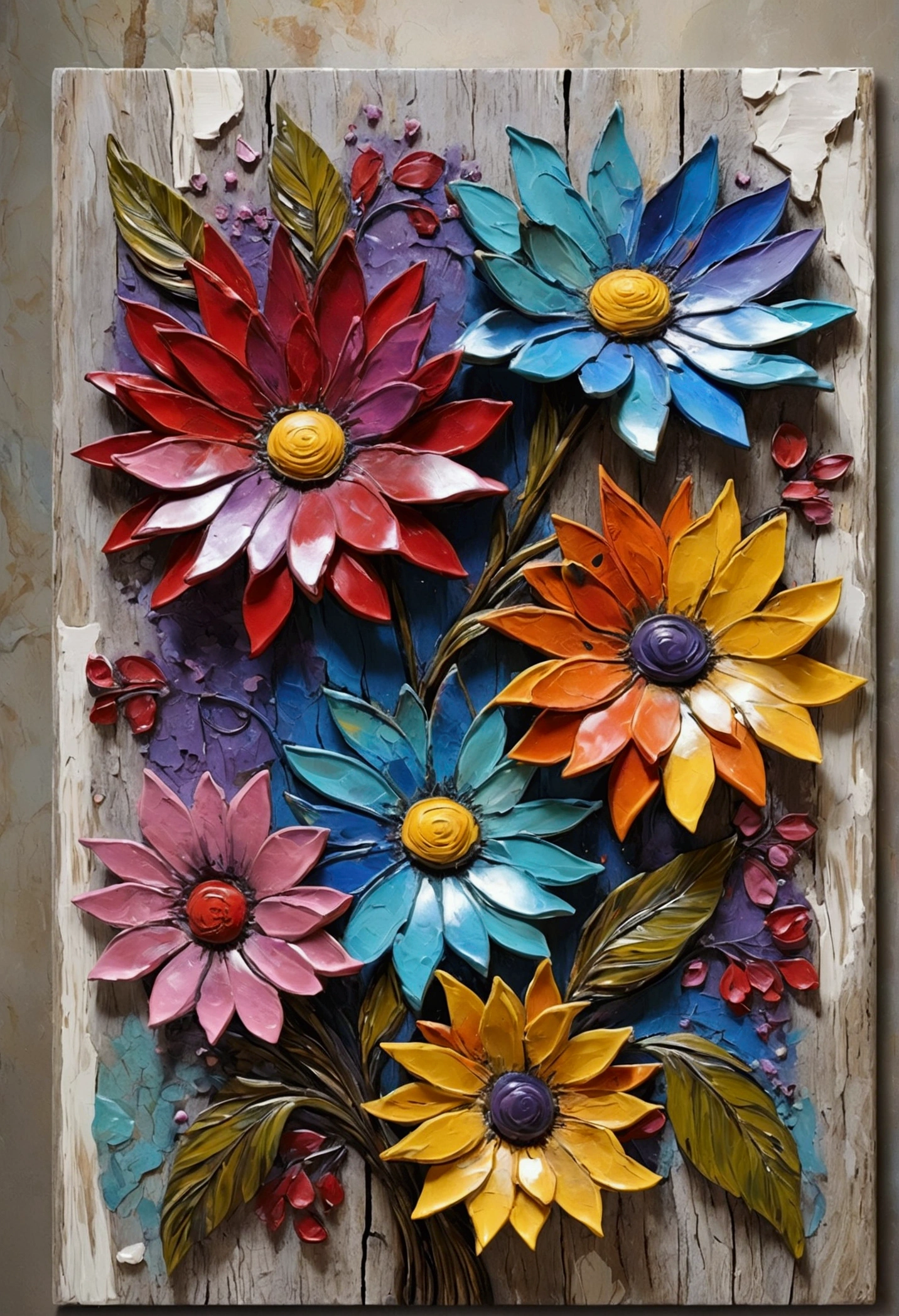 create Impasto palette knife painting, painting strokes in random sizes, of artificial flowers and greenery adorns the wall, creating a stunning display of color and texture. The flowers, in reds, pinks, yellows and purples, are arranged in a seemingly haphazard yet artful manner, creating a sense of natural beauty and abundance. 18th Century encaustic painting on aged ancient wood, decaying paint, massive peeling, curling and cracked burnt edges, scale surrealism, abstract hyperrealism, pastel color, iridescence, palette knife texture, maya render, motion, dynamic, passion, HDR, 8k, ray. 