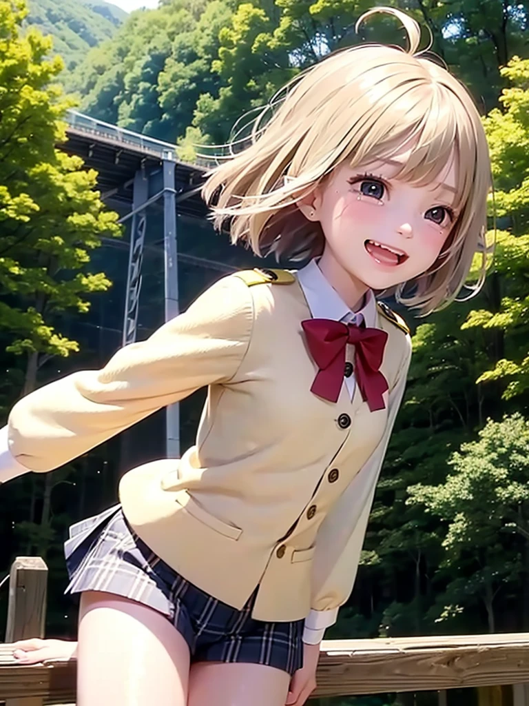 Girl, solo, crying laughter, short bob, uniform, suspension bridge, forest, sweat, front teeth