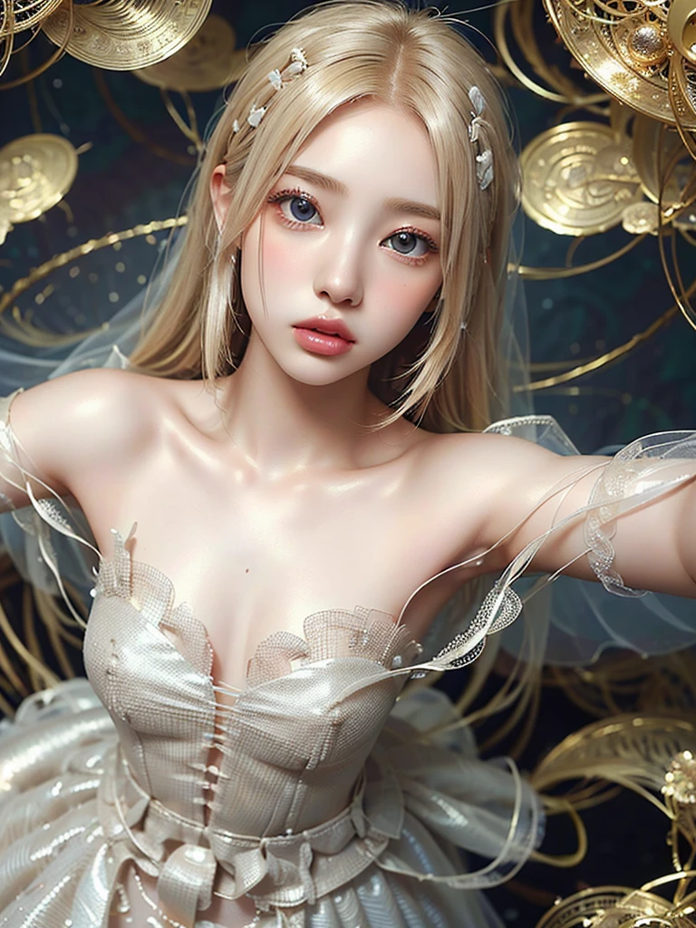 8K,Confused, High resolution, Very detailed, 1 Girl, alone, Very beautiful eyes, Ultra-precise depiction, Very detailed depiction, (Tangled:1.2), , (Abstract background:1.5), (Wedding dress:1.2 Short platinum blonde, (Shiny skin), Many colors, , (Shooting from above:1.2),Small body、Flat Body、slim、cute、、Round face、Cast a Shadow