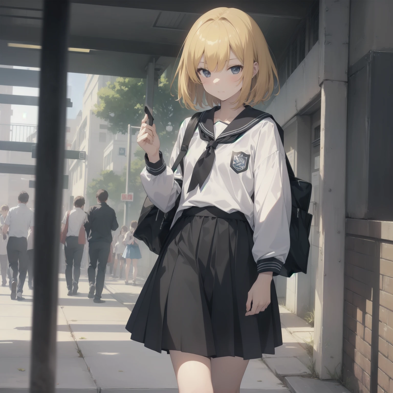 ultra-absurdres-Top quality by artist God, ultra-detailed, high resolution, anime moe artstyle, best anime 8k konachan wallpaper, pixiv contest winner, pool:2810, perfect anatomy,break, 1girl, (Please draw a girl walking sleepily to school alone. )break,(Solo,little female, 13-year-old:1.3),Full limbs, complete fingers,a junior high school student, (very short hair), short cut, flat chest, , small butt, small black eyes, beautiful detailed eyes, well-proportioned iris and pupils, expressive eyes, highres detailed hair, soft expression, salor school_uniform, sailor collar, serahuku, bow, pleated skirt,(Detailed Lighting), (Detailed background), in the School commute route. break,super detailed skin, Best cinematic lighting powered by famous artist, 8k,beauty illustration,photoshop_(medium),very aesthetic,break,((artist:tomose_shunsaku )), artist:clamp ,artist:carnelian ,artist:kantoku ,