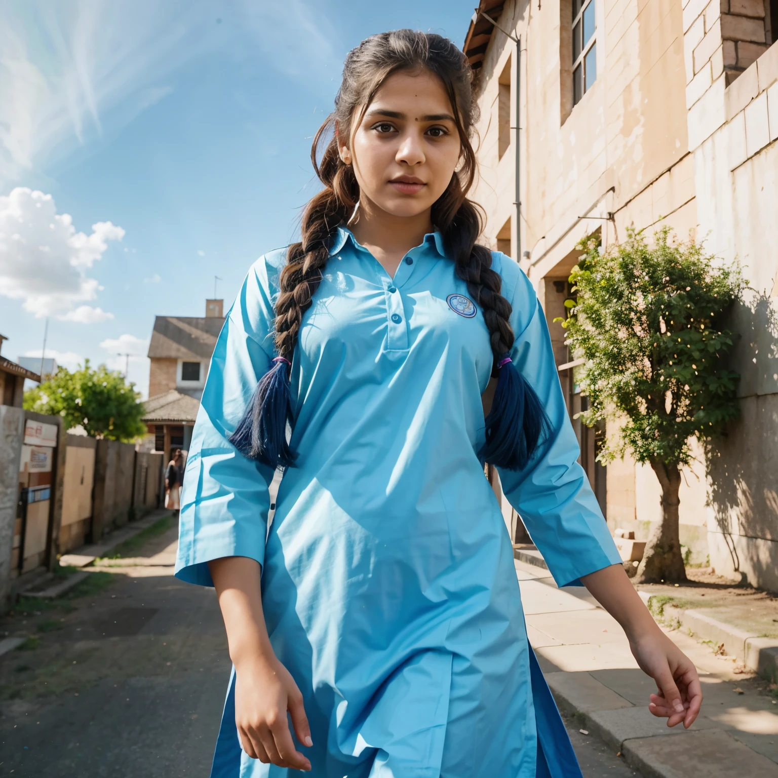 Raw photo , 1 girl  ,Wearing salwar kameez uniform,19 yo old school girl, with plait with hair ribbon , professional photographer, (hdr:1.4), masterpiece, ultra-realistic 8k, perfect artwork, intricate details, cute face, award winning photograph, (Best quality, 8k, 32k, Masterpiece, UHD:1.3) ,