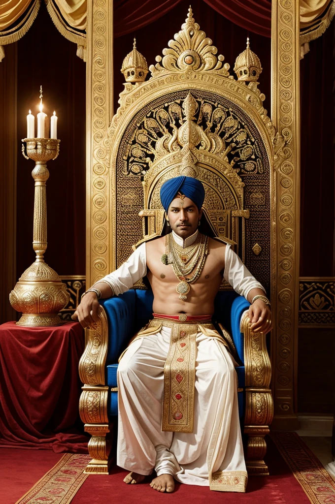 A image of young Indian king
Wearing in his royal dress and royal turban sitting on his classic indian throne that have 2 lions on each side of throne and at his back is a large Ashoka chakra