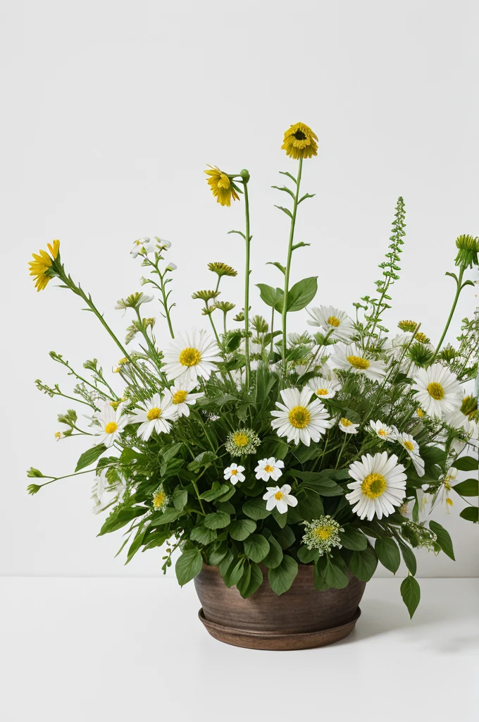 Generate images of wild flowers that grown straight with pure white background .