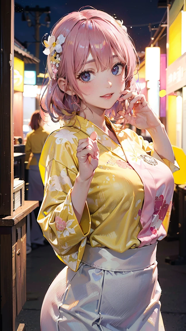 (Masterpiece, BestQuality:1.3), (ultra detailed:1.2), (hyperrealistic:1.3), (RAW photo:1.2), High detail RAW color photo, professional photograph, (Photorealistic:1.4), (realistic:1.4), (Pink Hair:1.5), professional lighting, perfect anatomy, (Big Breasts:1.2), (blush, detailed face), (A happy smile:1.7), sexly, erotic sexly, Random sexy gravure poses, (Yellow blouse and white skirt、Background is summer festival night、Open up your yukata、Smiling pose with underwear slightly visible。:1.3)