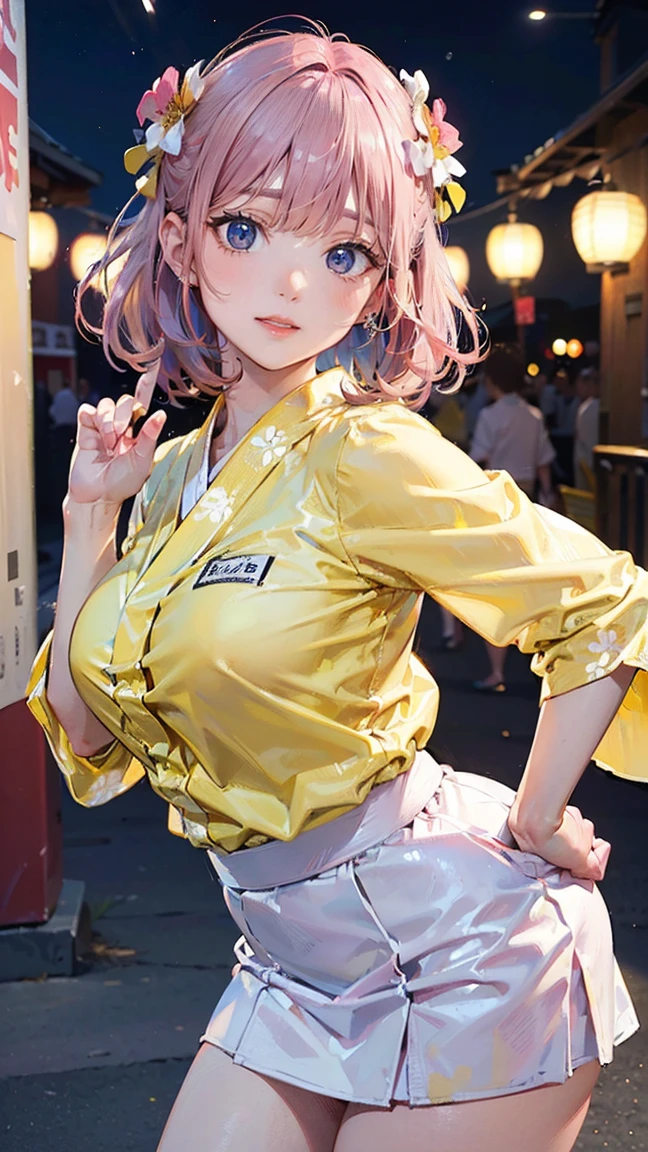 (Masterpiece, BestQuality:1.3), (ultra detailed:1.2), (hyperrealistic:1.3), (RAW photo:1.2), High detail RAW color photo, professional photograph, (Photorealistic:1.4), (realistic:1.4), (Pink Hair:1.5), professional lighting, perfect ???????, (Big Breasts:1.2), (blush, detailed face), (A happy smile:1.7), sexly, ?????? sexly, Random sexy gravure poses, (Yellow blouse and white skirt、Background is summer festival night、Open up your yukata、Smiling pose with underwear slightly visible。:1.3)
