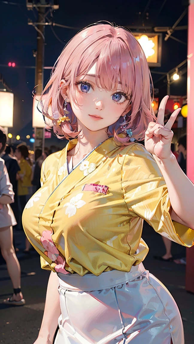 (Masterpiece, BestQuality:1.3), (ultra detailed:1.2), (hyperrealistic:1.3), (RAW photo:1.2), High detail RAW color photo, professional photograph, (Photorealistic:1.4), (realistic:1.4), (Pink Hair:1.5), professional lighting, perfect anatomy, (Big Breasts:1.2), (blush, detailed face), (A happy smile:1.7), sexly, erotic sexly, Random sexy gravure poses, (Yellow blouse and white skirt、Background is summer festival night、Open up your yukata、Smiling pose with underwear slightly visible。:1.3)