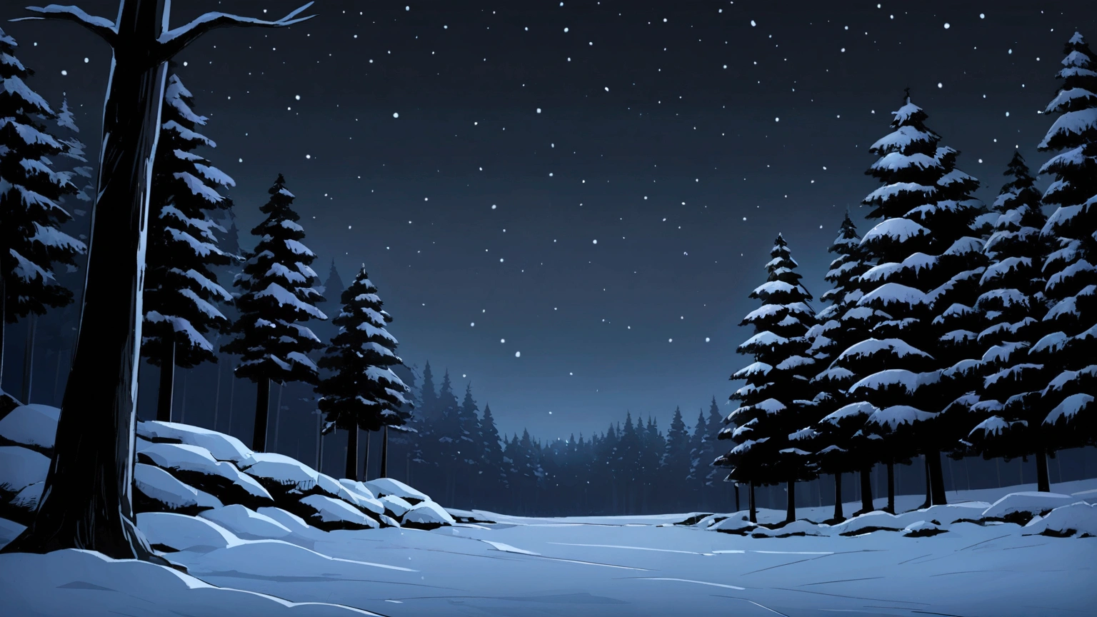 park, peaceful, anime style, snowy terrain, tall trees with snow, moonlight, dark black sky, no clouds, midnight, winter season, no people