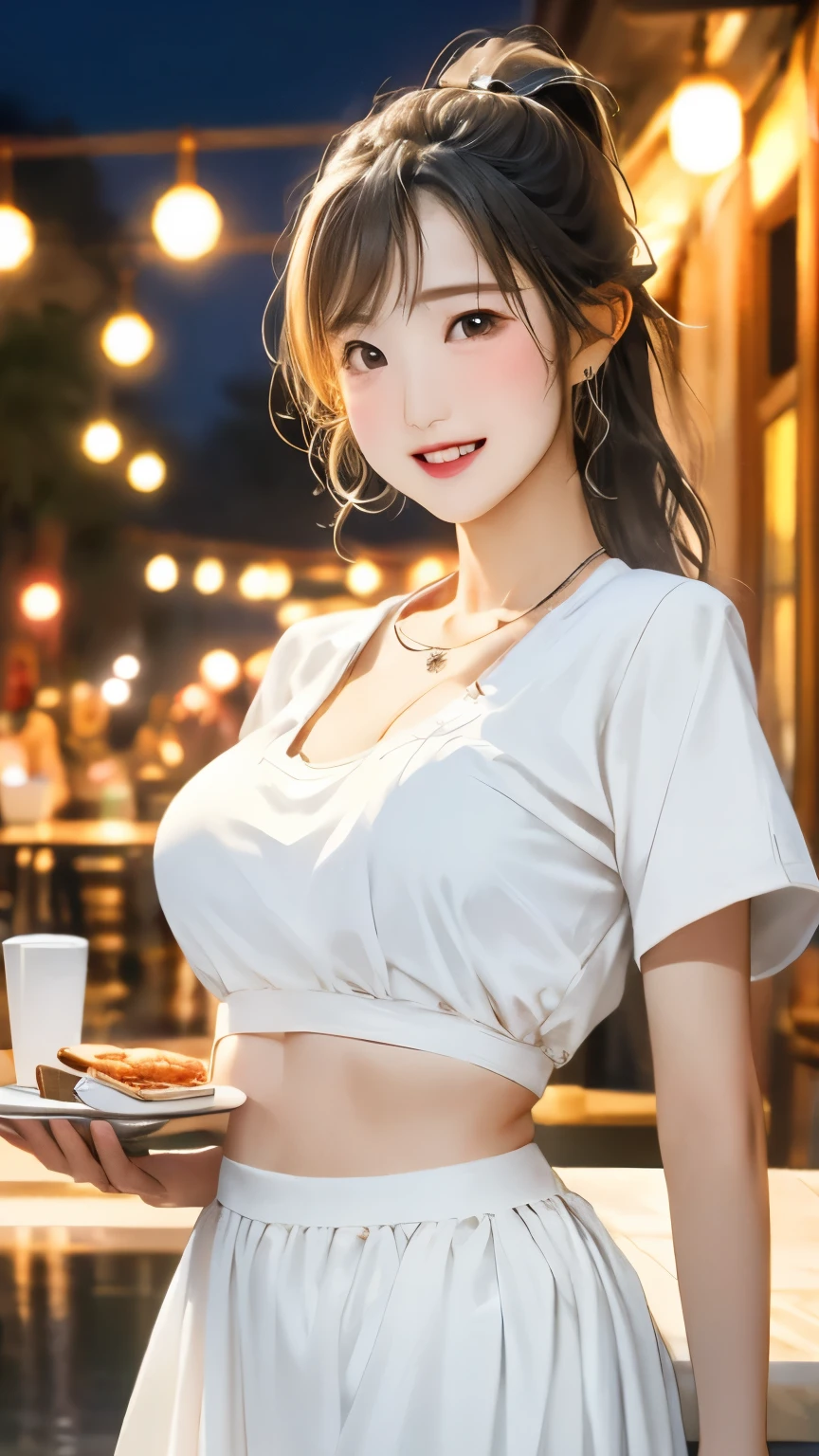 Realistic, masterpiece, Highest quality, (Beautiful Eyes), One high school girl,Sexy pose、(((Burstingly Big Breasts)))、((Tight abdomen))、 Huge breasts, Sweat, night, Outdoor, Vibrant restaurant, Micro bikini in, String-only micro bikini, Grin, Wet Face, Wet body, ponytail, Earrings,  White apron,  Puff short sleeves,  Small tray,  Central opening, 