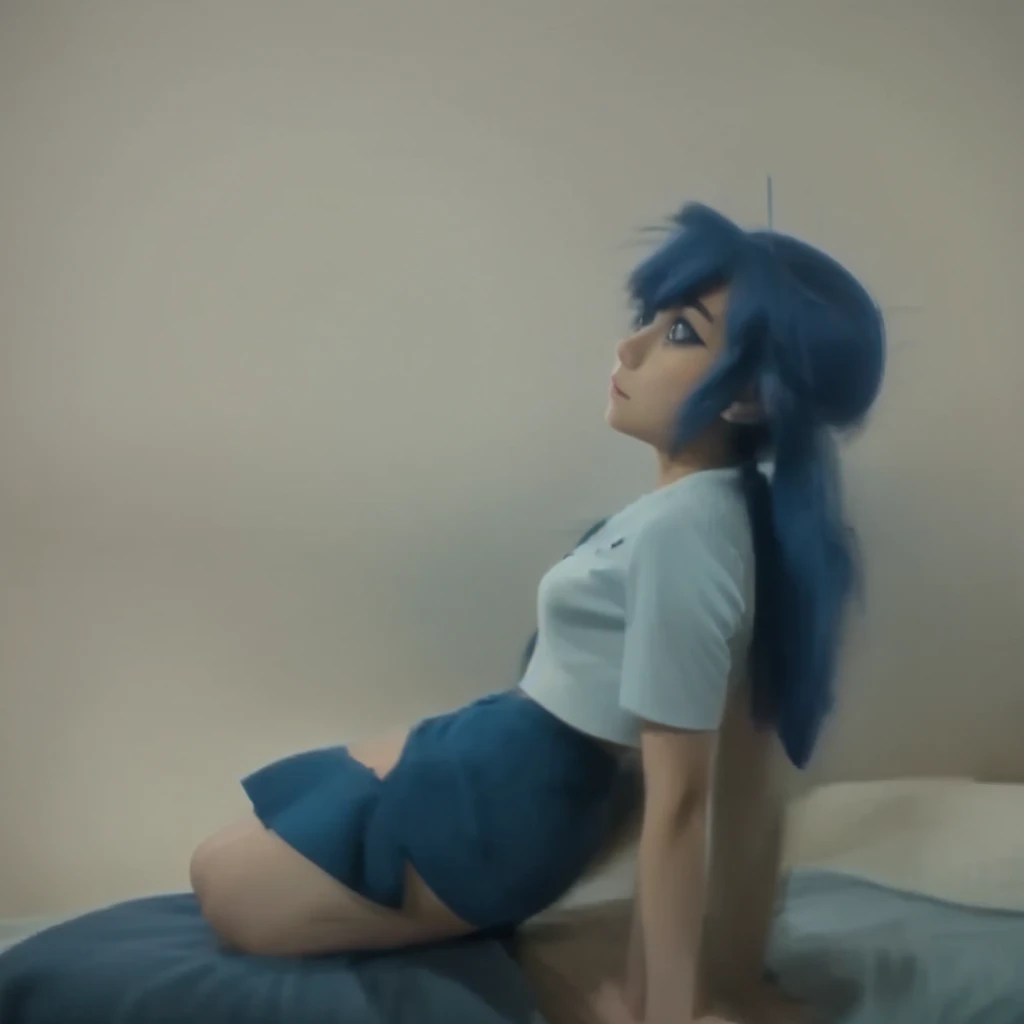 sex  vaginal, anime style, medium breasts, small ass, marinette dupain-cheng (miraculous), blue eyes, blue hair, anime art style, cheerleader outfit, upskirt, boy hands on girl ass, crop top, skirt, laying position, holding, lifting leg, bedroom,  side view, fucking, side fuck