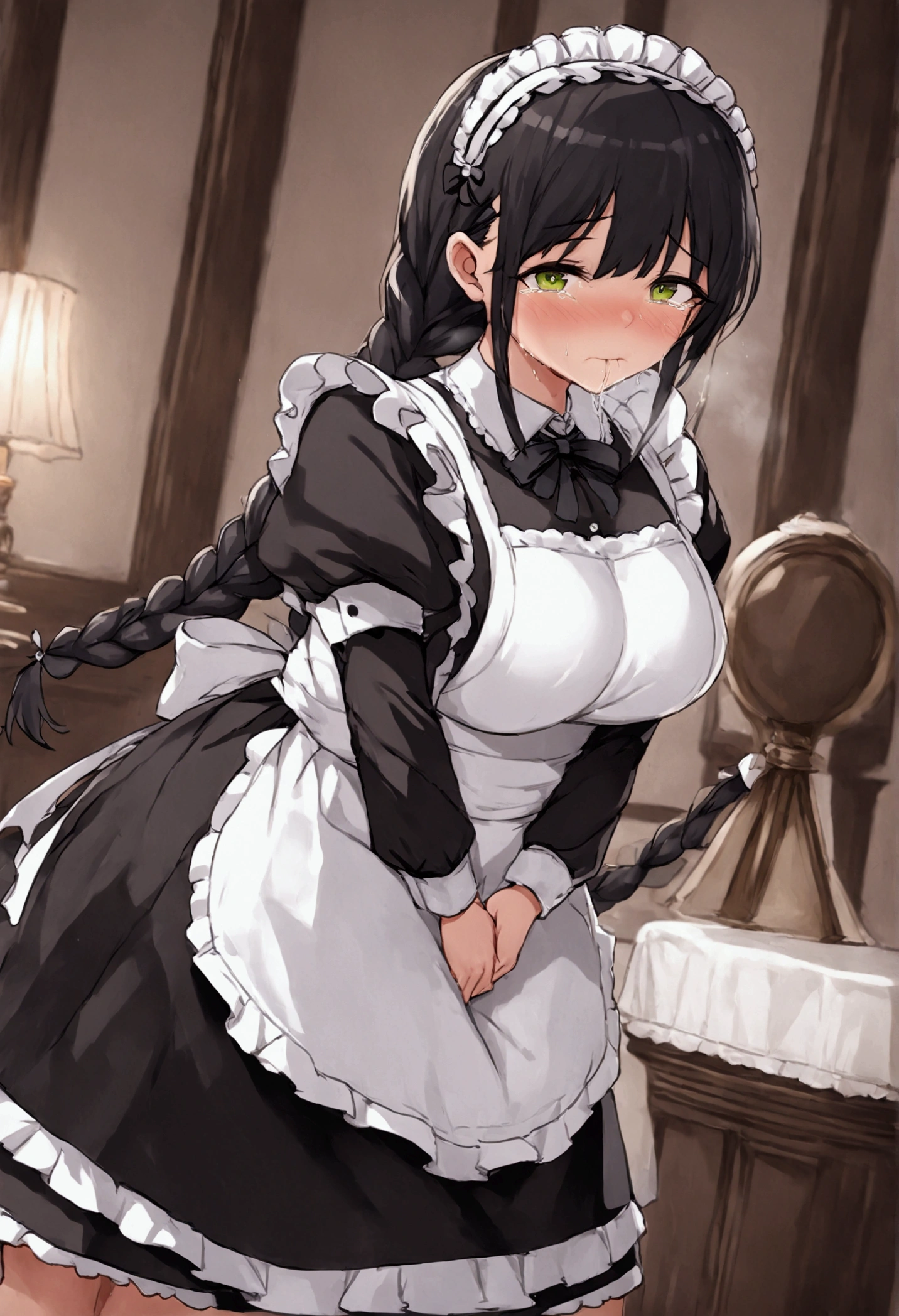 Anime. 1 girl. Housemaid. Ssbbw. Black hair. Long hair. Hair is gathered in braids. Green eyes. Beautiful eyes. Perfect eyes. Expressive eyes. Beautiful nose. Snotty nose. Snot flows from the nose. Very thick body. Very thick hands. Very thick legs. Big fat belly. Big fat ass. Big breasts. Beautiful breasts. Maid uniform. Standing. Full height. Living room of a luxury mansion. Cold. Runny nose. Nasal mucus. Snot. Wants to sneeze. You need to sneeze. Sneezes. Sneezes with snot. Snot comes out of her nose when she sneezes. Handkerchief. She covers her nose with her hands and a handkerchief. Blows his nose. Wants to pee. Need to pee. She peed herself. Urine runs down my thighs. Embarrassment. Blush. Tears in my eyes. Cry. Whole body. Extremely detailed CG Unity 8k wallpaper. Ideal lighting. Ultra high resolution 4K. Super detailed 8K resolution.