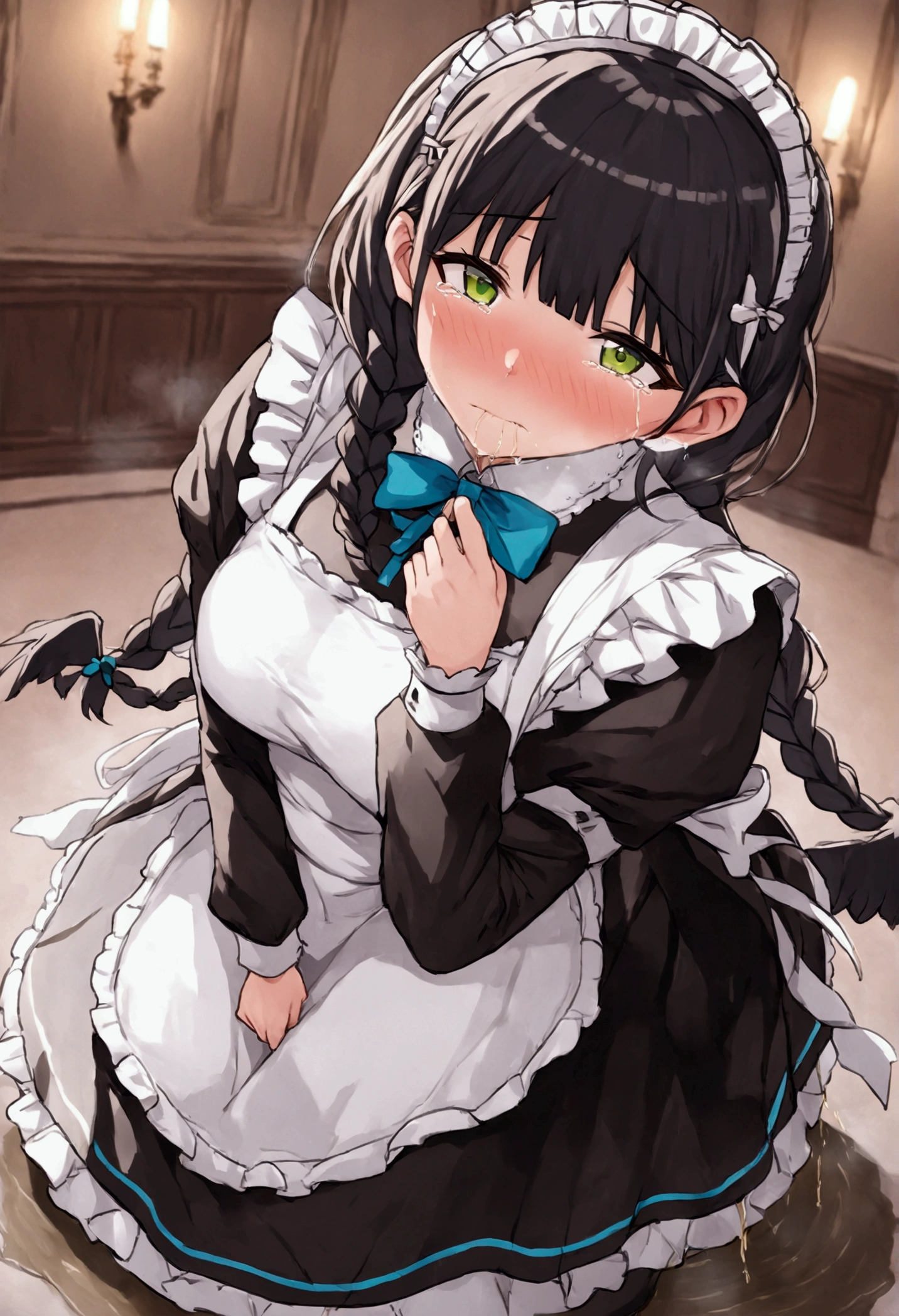 Anime. 1 girl. Housemaid. Ssbbw. Black hair. Long hair. Hair is gathered in braids. Green eyes. Beautiful eyes. Perfect eyes. Expressive eyes. Beautiful nose. Snotty nose. Snot flows from the nose. Very thick body. Very thick hands. Very thick legs. Big fat belly. Big fat ass. Big breasts. Beautiful breasts. Maid uniform. Standing. Full height. Living room of a luxury mansion. Cold. Runny nose. Nasal mucus. Snot. Wants to sneeze. You need to sneeze. Sneezes. Sneezes with snot. Snot comes out of her nose when she sneezes. Handkerchief. She covers her nose with her hands and a handkerchief. Blows his nose. Wants to pee. Need to pee. She peed herself. Urine runs down my thighs. Embarrassment. Blush. Tears in my eyes. Cry. Whole body. Extremely detailed CG Unity 8k wallpaper. Ideal lighting. Ultra high resolution 4K. Super detailed 8K resolution.