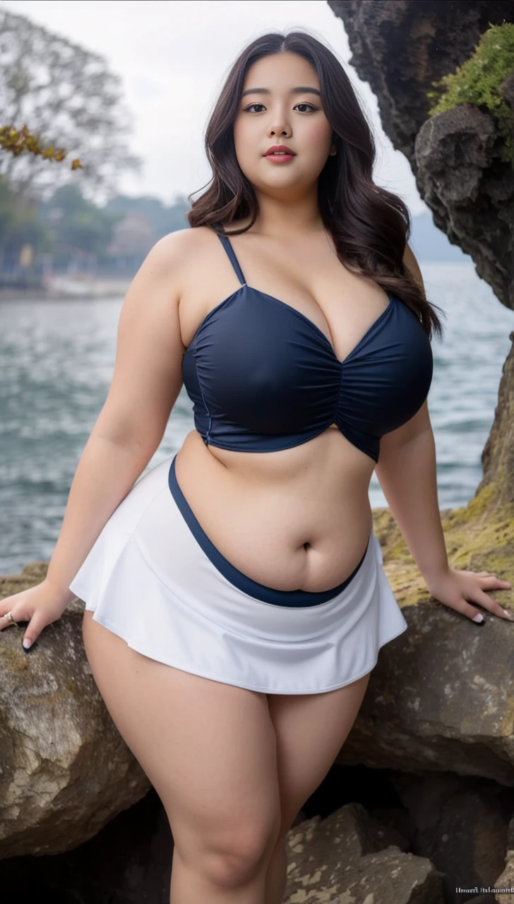 ((best quality)), ((masterpiece)), (detailed), perfect face, araffeTight skirtsShort , thicc, wavy short hair, she has a jiggly fat round belly, bbwchan, wearing tight simple clothes, skinny waist and thick hips, widest hips, her belly is fat and round, soft curvy shape, hyperrealistic full figure, wearing a cute top, wide hips, Blue swimsuit,On the beach by the seaBlue