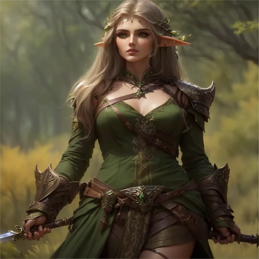 Arav woman in green dress holding a dagger and sword, Elf Warrior Princess, Female Elf, beautiful and elegant Female Elf, Beautiful wood elves, Very beautiful elf top model, half elf woman, Fantasy Paladin Woman, 4k fantasy art, Fantasy woman, epic elven warrior, Fantasy Characters Photos, forest hunter lady, female forest archer