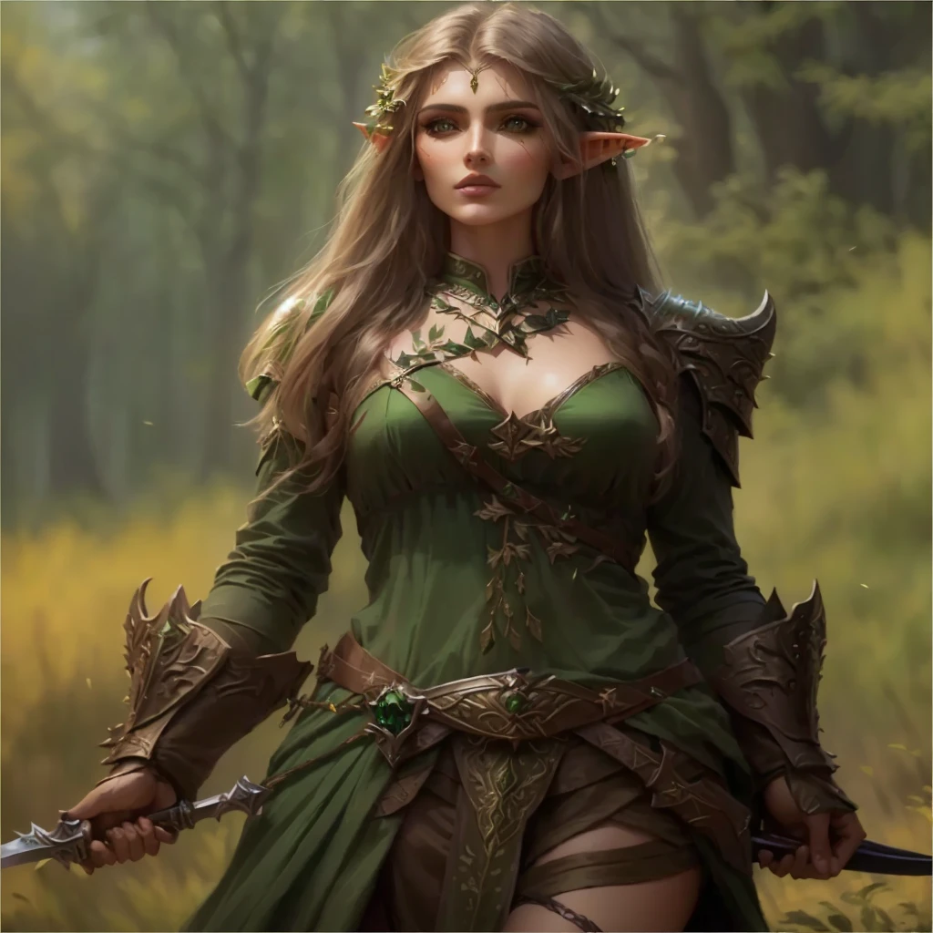 Arav woman in green dress holding a dagger and sword, Elf Warrior Princess, Female Elf, beautiful and elegant Female Elf, Beautiful wood elves, Very beautiful elf top model, half elf woman, Fantasy Paladin Woman, 4k fantasy art, Fantasy woman, epic elven warrior, Fantasy Characters Photos, forest hunter lady, female forest archer