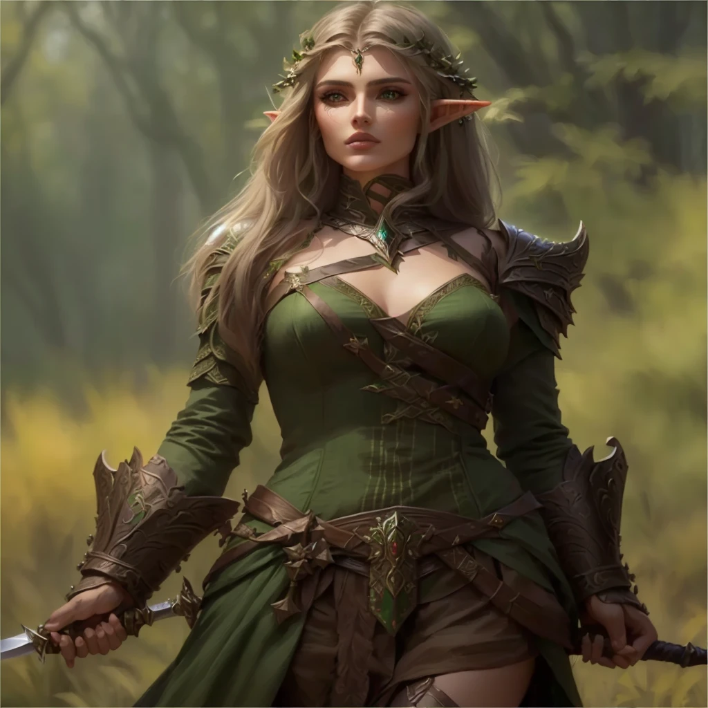 Arav woman in green dress holding a dagger and sword, Elf Warrior Princess, Female Elf, beautiful and elegant Female Elf, Beautiful wood elves, Very beautiful elf top model, half elf woman, Fantasy Paladin Woman, 4k fantasy art, Fantasy woman, epic elven warrior, Fantasy Characters Photos, forest hunter lady, female forest archer