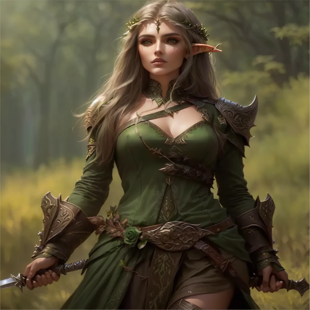 Arav woman in green dress holding a dagger and sword, Elf Warrior Princess, Female Elf, beautiful and elegant Female Elf, Beautiful wood elves, Very beautiful elf top model, half elf woman, Fantasy Paladin Woman, 4k fantasy art, Fantasy woman, epic elven warrior, Fantasy Characters Photos, forest hunter lady, female forest archer