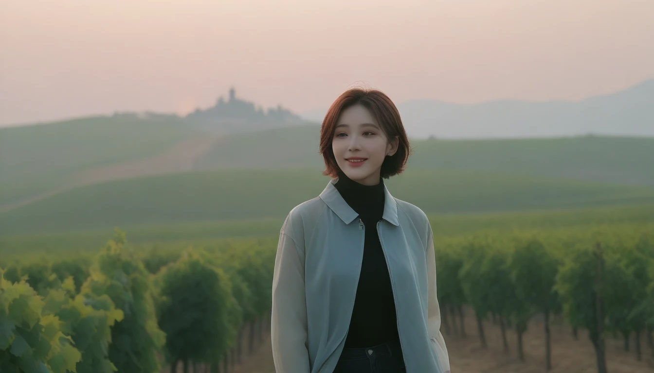 beautiful scenery, 8K Top Quality, Vivid picture quality, 1 woman, Beautiful 36-year-old Korean woman, Chest size 34 inches, Model-level beautiful woman, italian countryside dawn, vineyard, The cathedral can be seen in the distance in a thick fog.. Red sunshine, The background is realistic and vivid quality.., short medium bob hair, sheer turtleneck , Luxury brand windbreaker jacket, Perfect and realistic photos, The background is realistic.. Full body shot with Canon camera 16-35 wide angle lens, Smiling, 짙은 안개가 자욱한 포도원 언덕에서 vineyard을 내려다 보며, Walking towards the front camera