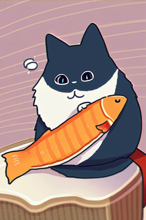 ((Лучшее качество)), ((шедевр)), (подробный), Japanese cat eats fish for a spin