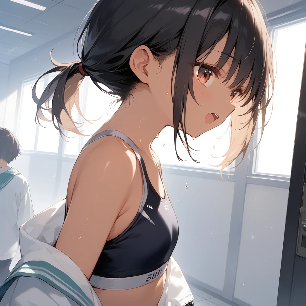 score_9, score_8_up, score_7_up, source_anime, best quality, masterpiece, official art, absurdres, highres, ultra-detailed,waifu2x,Collection: Slice of Life,break,1girl, tomboy, dark-skinned female, short hair, low ponytail, flat chest, sports bra, beautiful detailed eyes, dressing, sweat, open mouth, (yawn:0.3), sleepily, locker room, indoors, wind,break,(clear line illustration:1.2), super detailed skin,very high resolution, very aesthetic, Best sexual lighting powered by famous artist, 8k,cute picture,beauty illustration,photoshop_(medium),,(Detailed Lighting),best anime 8k konachan wallpaper, pixiv contest winner,