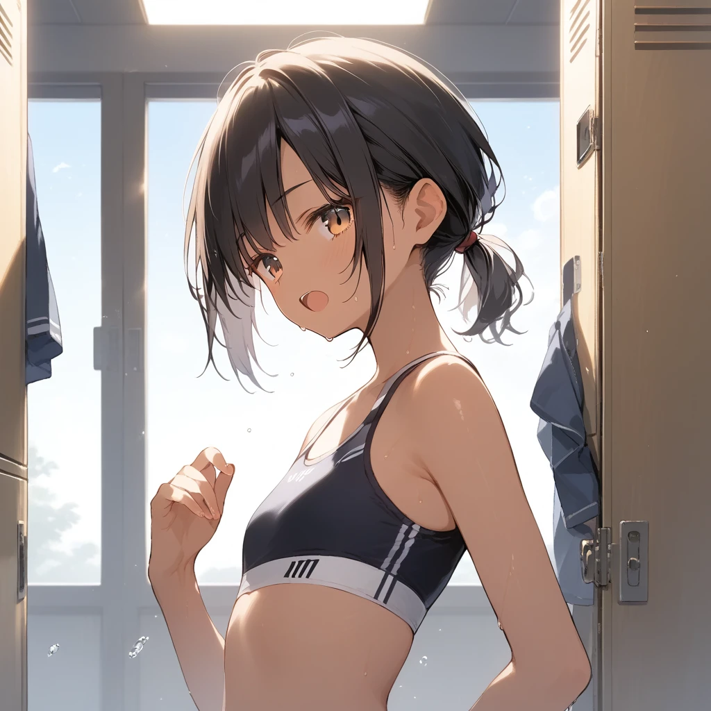 score_9, score_8_up, score_7_up, source_anime, best quality, masterpiece, official art, absurdres, highres, ultra-detailed,waifu2x,Collection: Slice of Life,break,1girl, tomboy, dark-skinned female, short hair, low ponytail, flat chest, sports bra, beautiful detailed eyes, dressing, sweat, open mouth, (yawn:0.3), sleepily, locker room, indoors, wind,break,(clear line illustration:1.2), super detailed skin,very high resolution, very aesthetic, Best sexual lighting powered by famous artist, 8k,cute picture,beauty illustration,photoshop_(medium),,(Detailed Lighting),best anime 8k konachan wallpaper, pixiv contest winner, 