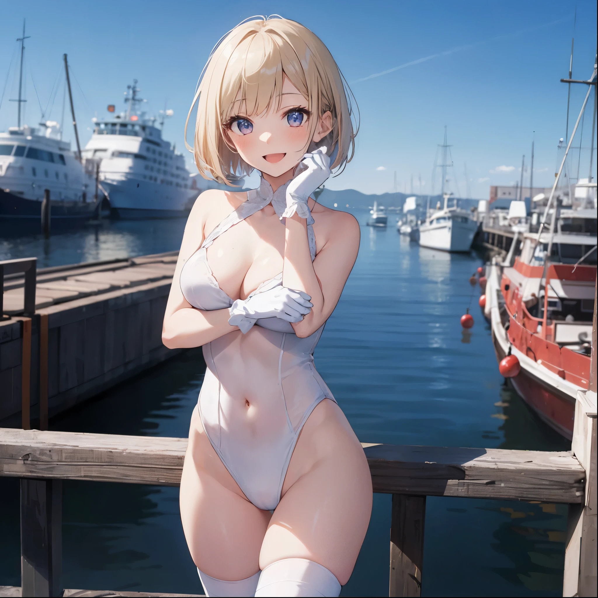 1young__ girl,blond_hair,medium_bob_hair,white_leotard,,thigh,medium_breasts,smile,open_mouth,harbor_background,apart_legs,happy,short_gloves ,solo, navel,_groin