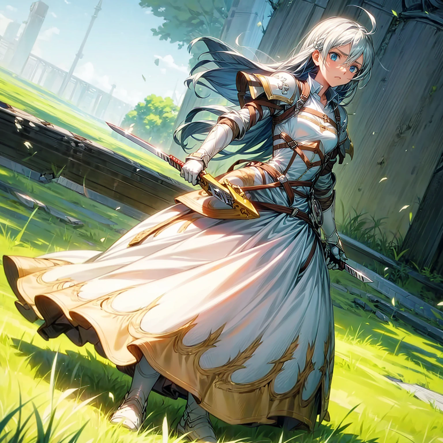 Blue eyes, white long hair, knife in hand, motion blur, white armor, (attack on Titan style art)
