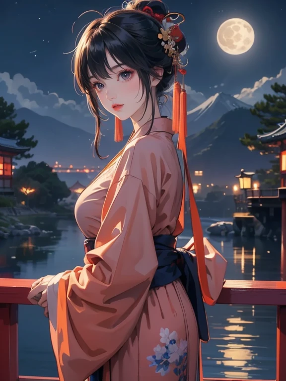 (Highest quality、masterpiece、High resolution、8K)、Vibrant colors、Japanese Festivals、Digital Art、City of night、Midsummer evening、A beautiful full moon in the distance、A beautiful girl in a yukata、