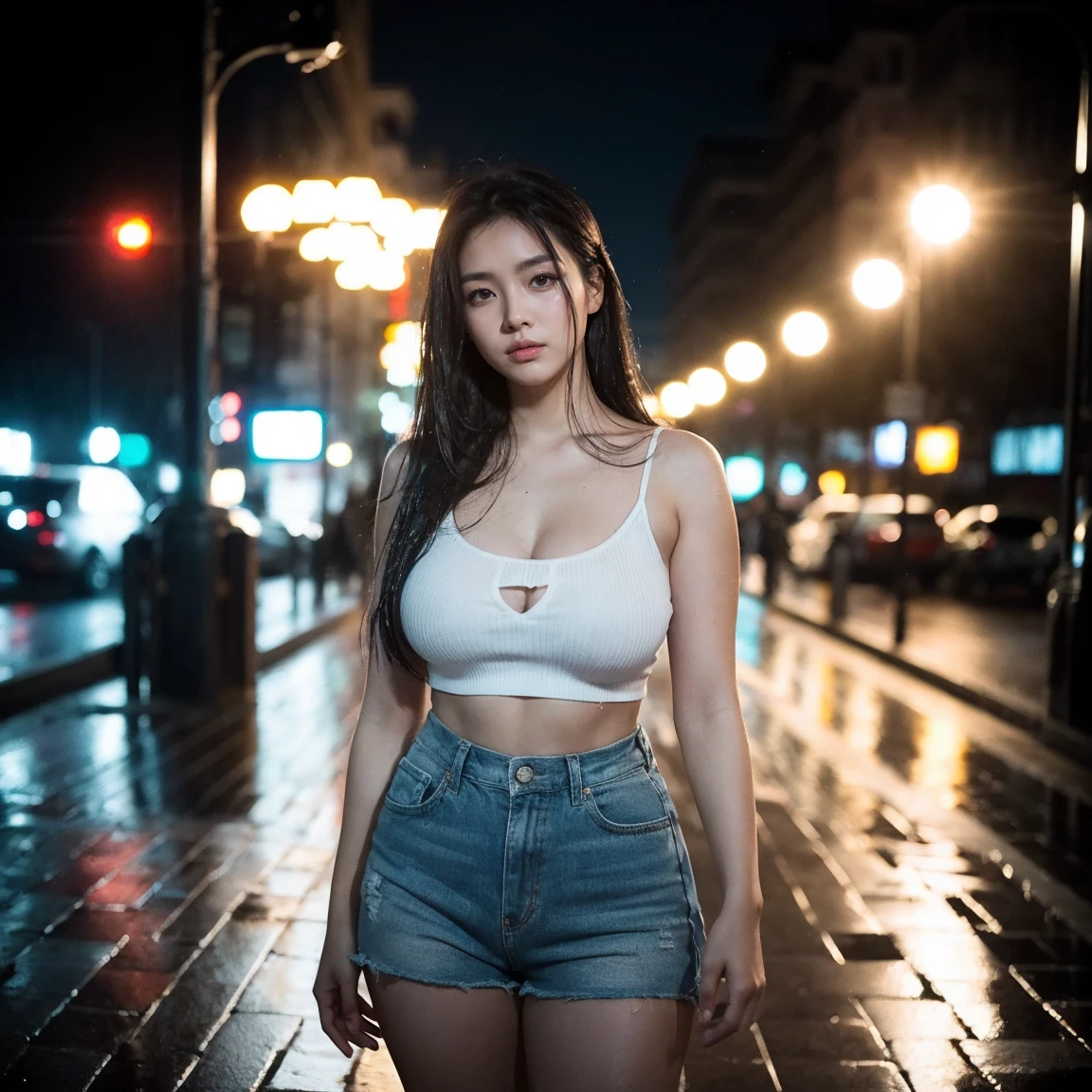1girl,solo,long hair,Rough skin,(looking at viewer:1.2),wet hair,micro_shorts,dark,polaroid,(depth_of_field:1.5),rainy days,outdoors,street,hair between eyes,moody lighting,Tyndall effect,Cinematic Lighting,night,lamppost,lens flare,available light,rim light,glowing neon lights,curvy,chinese_style,