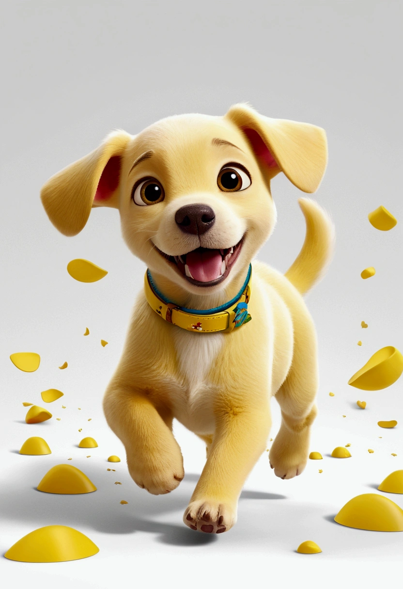 Create a Disney PIXAR style 3D poster. ((center of picture, White background)), ((1 yellow puppy dog, White background )), all this in Disney PIXAR 3D style, pop-mart, soft lighting, smooth lines, Spring tilt, Detailed PIXAR 3D illustrations, hyperrealistic details, Warm color in Disney PIXAR 3D style)), em White background, yellow puppy puppy running