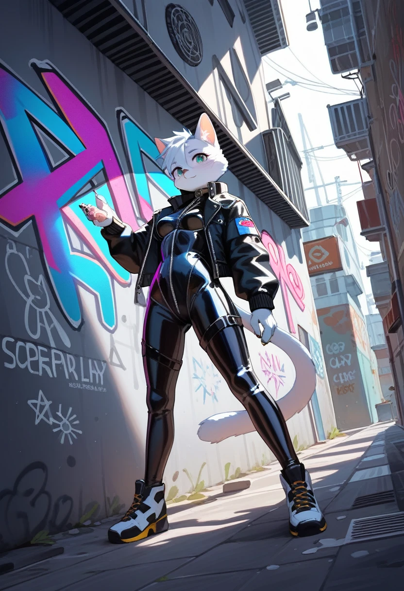 animation, Highest quality, Highest quality, High quality illustrations, masterpiece, Ultra-high resolution, Detailed Background, Alley, Graffiti art on the wall, Absurd, Perfect Anatomy, performance, Good lighting, Shadows in the movies(kemono, Furry PersonifiCation), Cat, Blueskin, White Rubber Suit, latex, neon, neonライト, neonカラー, Bodysuits, Cyber Suit, Leather Half Jacket, cyber punk, Dynamic Angle
